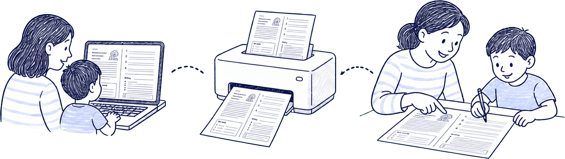 A parent and child open the worksheet, print both pages, then read and write together.